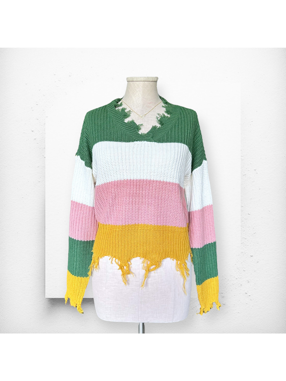 SAKS FIFTH AVENUE Colorblock Frayed Hem Sweater V-Neck Knit Pink Green Yellow